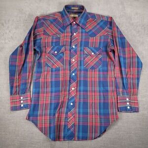 Plainsman Extra Long Tails Plaid Western Shirt Long Sleeve Snap Up Cowboy Sz Med